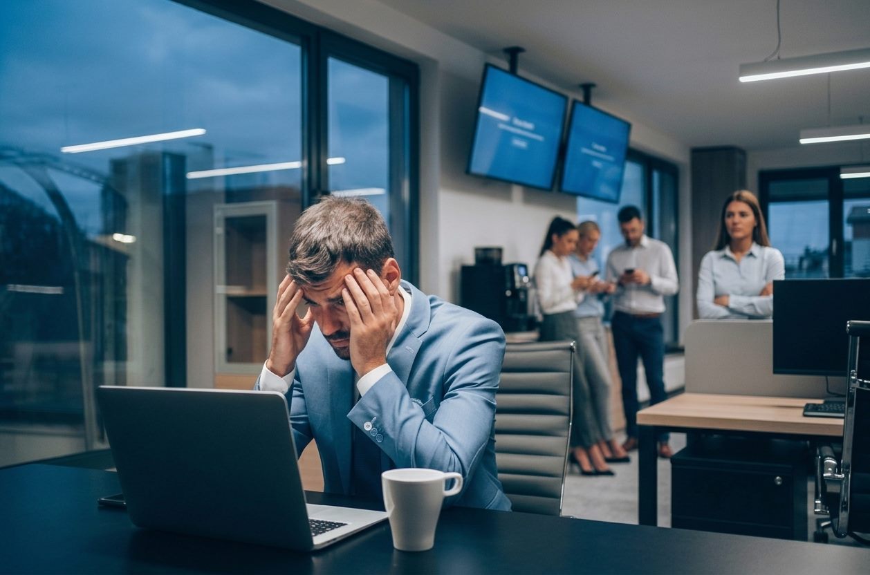 Gestresster Geschäftsführer bei IT-Problemen im Büro