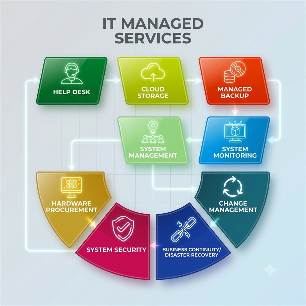 Übersicht der IT-Managed-Services: Help Desk, Cloud Storage, Managed Backup, System Monitoring, Change Management, Business Continuity, System Security und Hardware-Beschaffung
