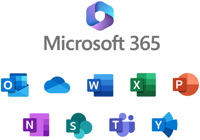 Microsoft 365 mit Outlook, OneDrive, Word, Excel, PowerPoint, OneNote, SharePoint, Teams und Yammer